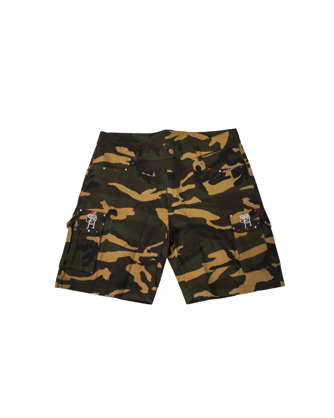 "Model wearing Shallshion Patch Cargo Shorts in urban streetwear style"