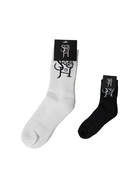 "Streetwear outfit detail featuring 2 pack Shallshion branded socks"