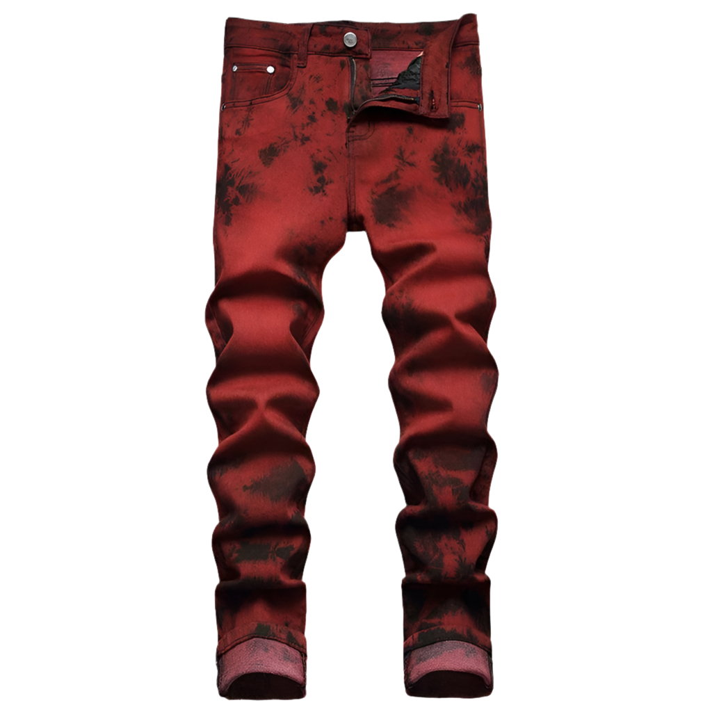 Mens Jeans High Tie dye Snow Wash Brick Red Denim Straight Pants