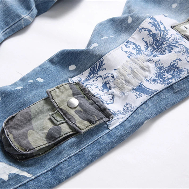 Camouflage Matching Color Jeans Mid-Waist Hole Three-Dimensional