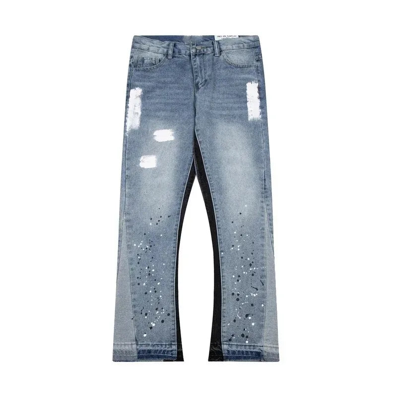 American washed spliced denim loose micro-flared jeans