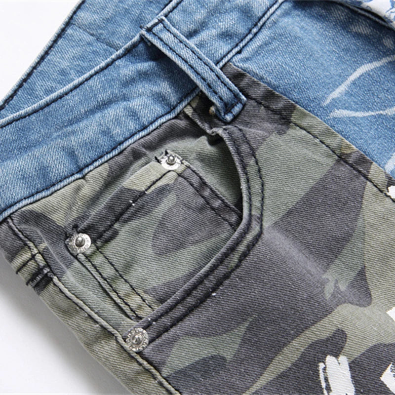 Camouflage Matching Color Jeans Mid-Waist Hole Three-Dimensional