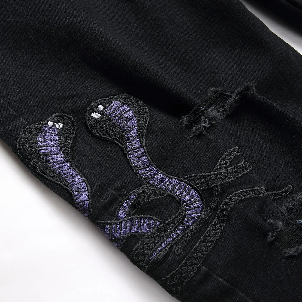 Men Snake Embroidery Jeans Streetwear Black