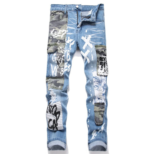 Camouflage Matching Color Jeans Mid-Waist Hole Three-Dimensional