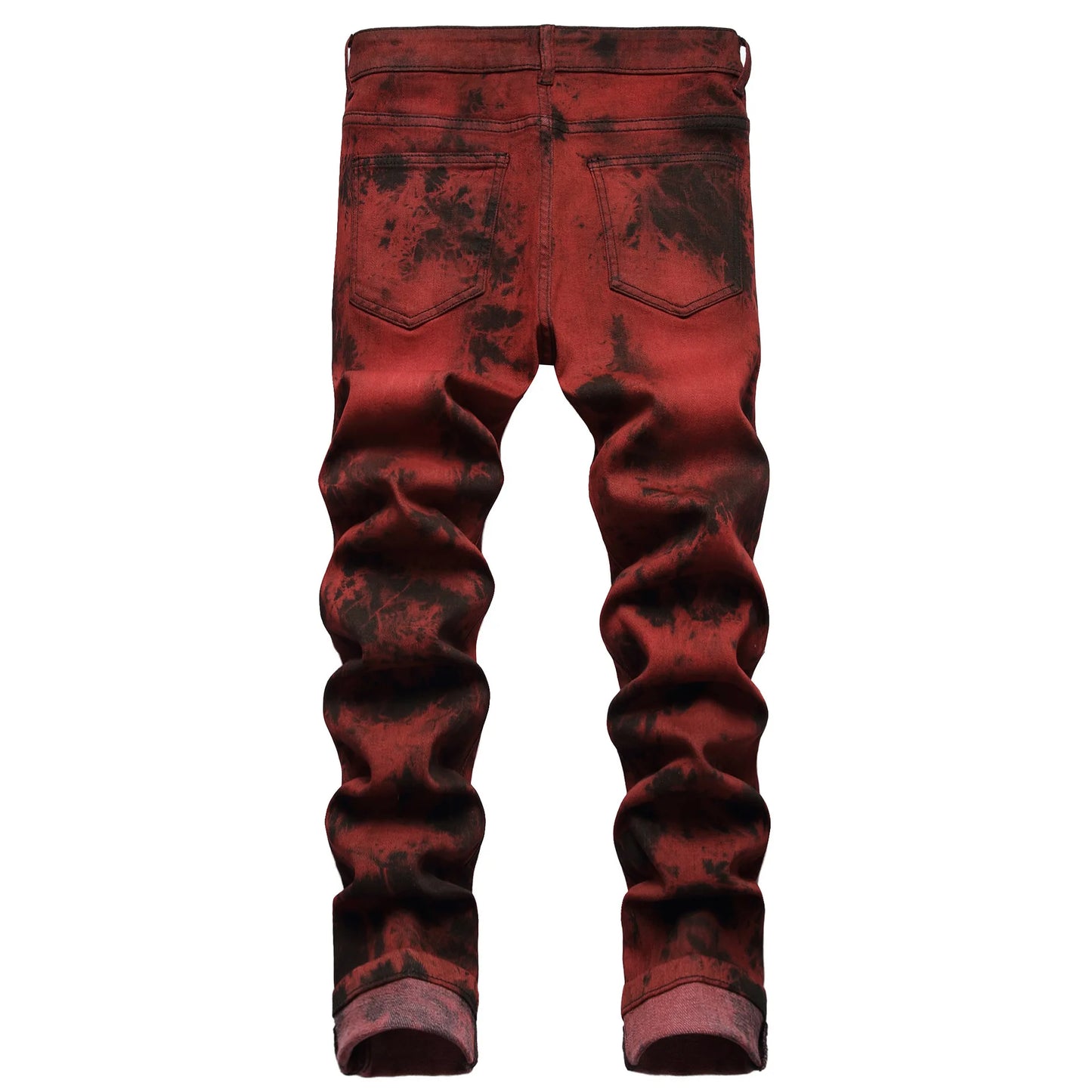 Mens Jeans High Tie dye Snow Wash Brick Red Denim Straight Pants