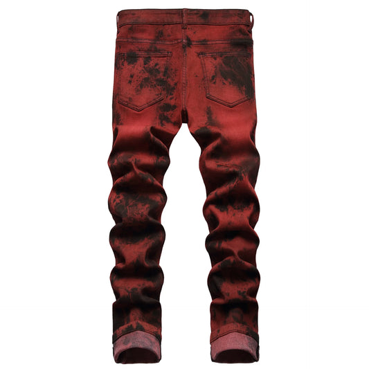 Mens Jeans High Tie dye Snow Wash Brick Red Denim Straight Pants