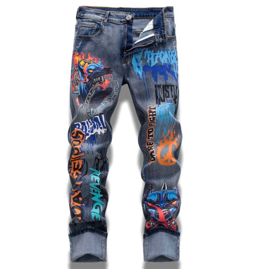 Men's Graffiti Washed Jeans, Trendy Streetwear, Denim Pants For Spring