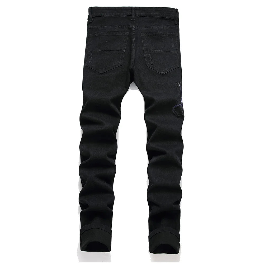 Men Snake Embroidery Jeans Streetwear Black