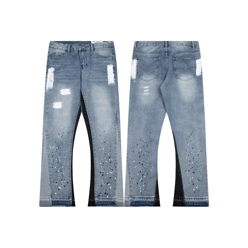 American washed spliced denim loose micro-flared jeans