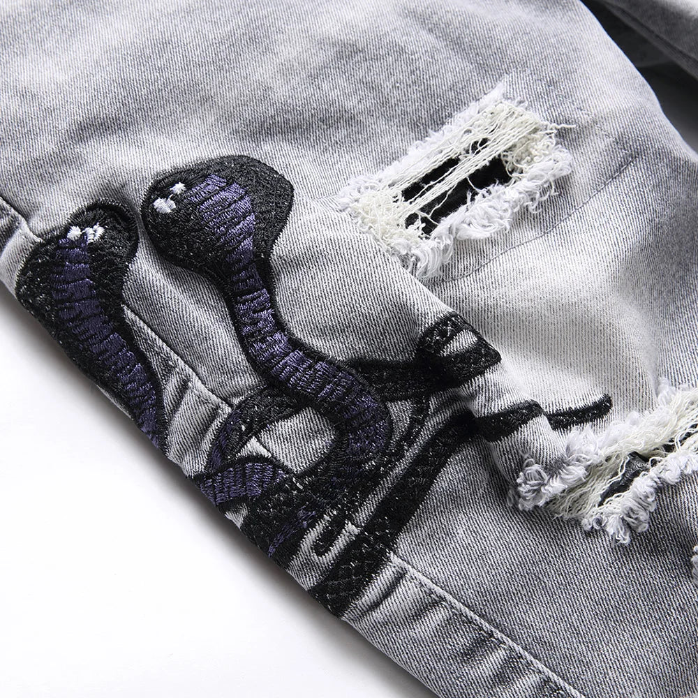 Men Snake Embroidery Gray Denim Jeans