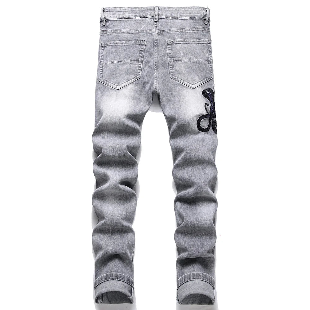 Men Snake Embroidery Gray Denim Jeans