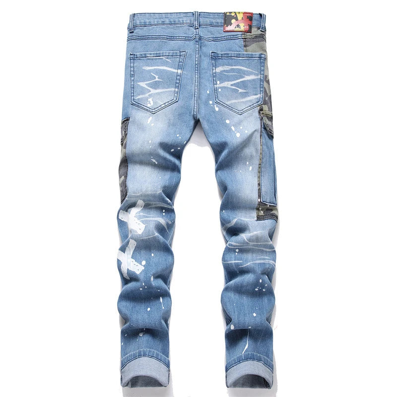 Camouflage Matching Color Jeans Mid-Waist Hole Three-Dimensional