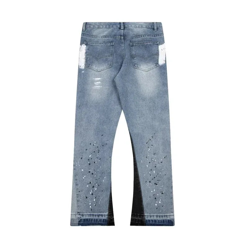 American washed spliced denim loose micro-flared jeans