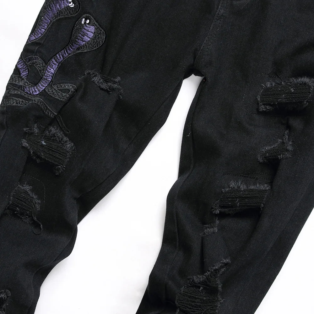 Men Snake Embroidery Jeans Streetwear Black