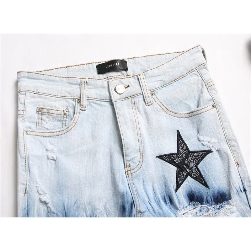 Men's Jeans Ripped Embroidered Five-Pointed Star