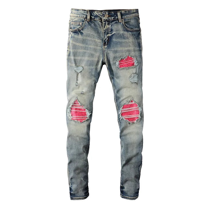 Men's Cracked Patch Biker Jeans